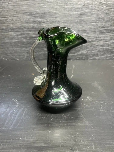 Vintage Blenko Green Crackle Glass 4.5” Hand Blown Pitcher With Handle USA