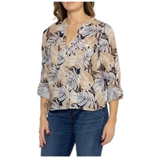 C&C California 100% Linen Leaf Print Roll Tab Long Sleeve Button Up Shirt Tan S