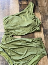 Shade Shore Women's Shirred Cut Out One Piece Swimsuit Green Large 10-12 New