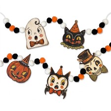 Halloween Ghost Garland Banner - Wooden Decor for Indoor/Outdoor Mantle Display