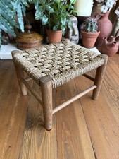 Vintage Rustic Woven Rush Footstool Wooden Low Stool Spanish Mediterranean Boho