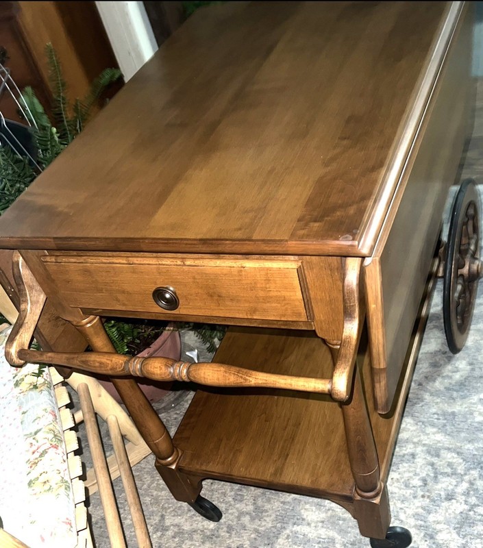 Vintage Drop Leaf Rolling Wooden Tea Cart Single Drawer