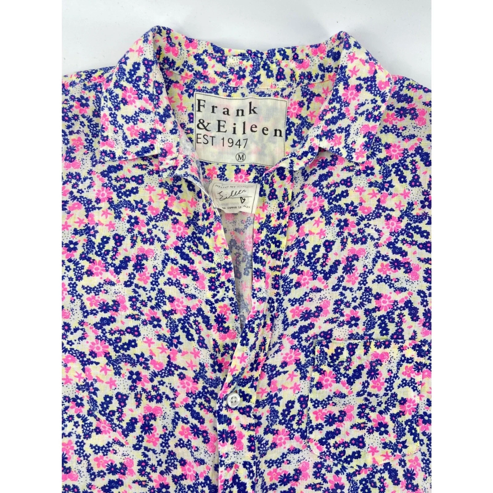 Frank & Eileen Shirt Women Medium Neon Bright Floral Coastal Linen Button Top