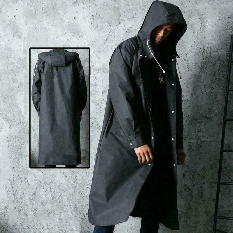 Waterproof Long Black Raincoat Men Rain Coat Hooded Trench Jacket