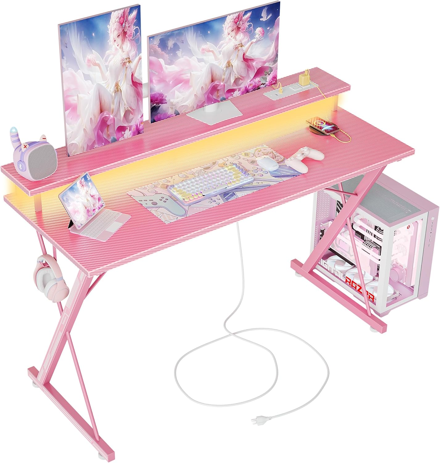 Gaming Desk with Power Outlets & LED 47 Inch Ergonomic Computer Carbon Fiber Sur