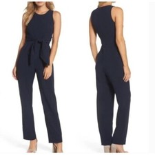 Eliza J jumpsuit crepe sleeveless navy blue tie waist pocket pleated 12