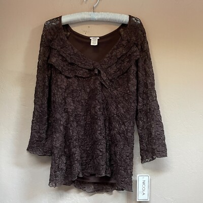 New Nicola Women's 3/4 Sleeve Sheer Top Ruffle Neck Lace Blouse XL Brown Floral