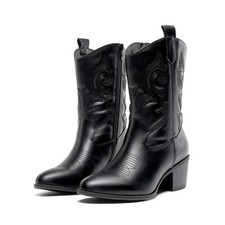 Women Western Cowgirl Boots Mid Calf Embroidere Chunky Heel Music Festival Boots
