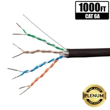 1000FT CAT6A Ethernet Network Cable UTP CMP Plenum Solid Wire Copper 23AWG Black