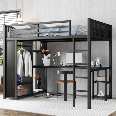Full XL Size Metal Loft Bed with Built-in Wardrobe, Desk & Storage Shelves,Black