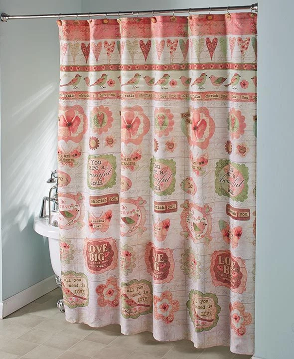 Juego de baño completo alfombra cortina de ducha vintage Spring Birds retro corazones amor rosas Foto 2 de 4