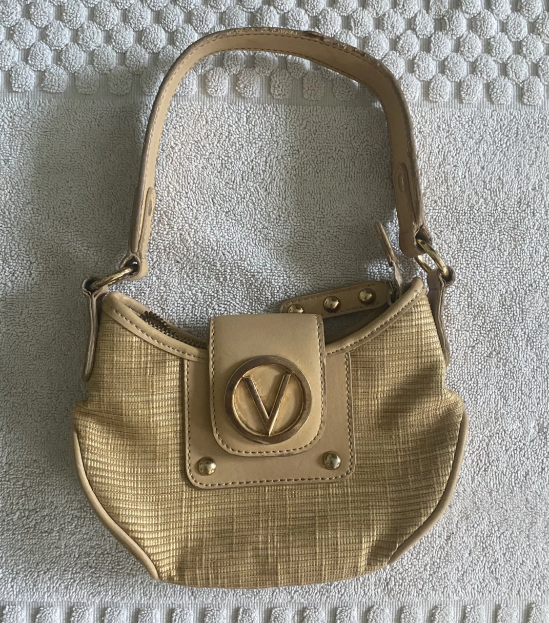 Borsa a tracolla Valentino by Mario Valentino beige paglia oro logo accenti RARA