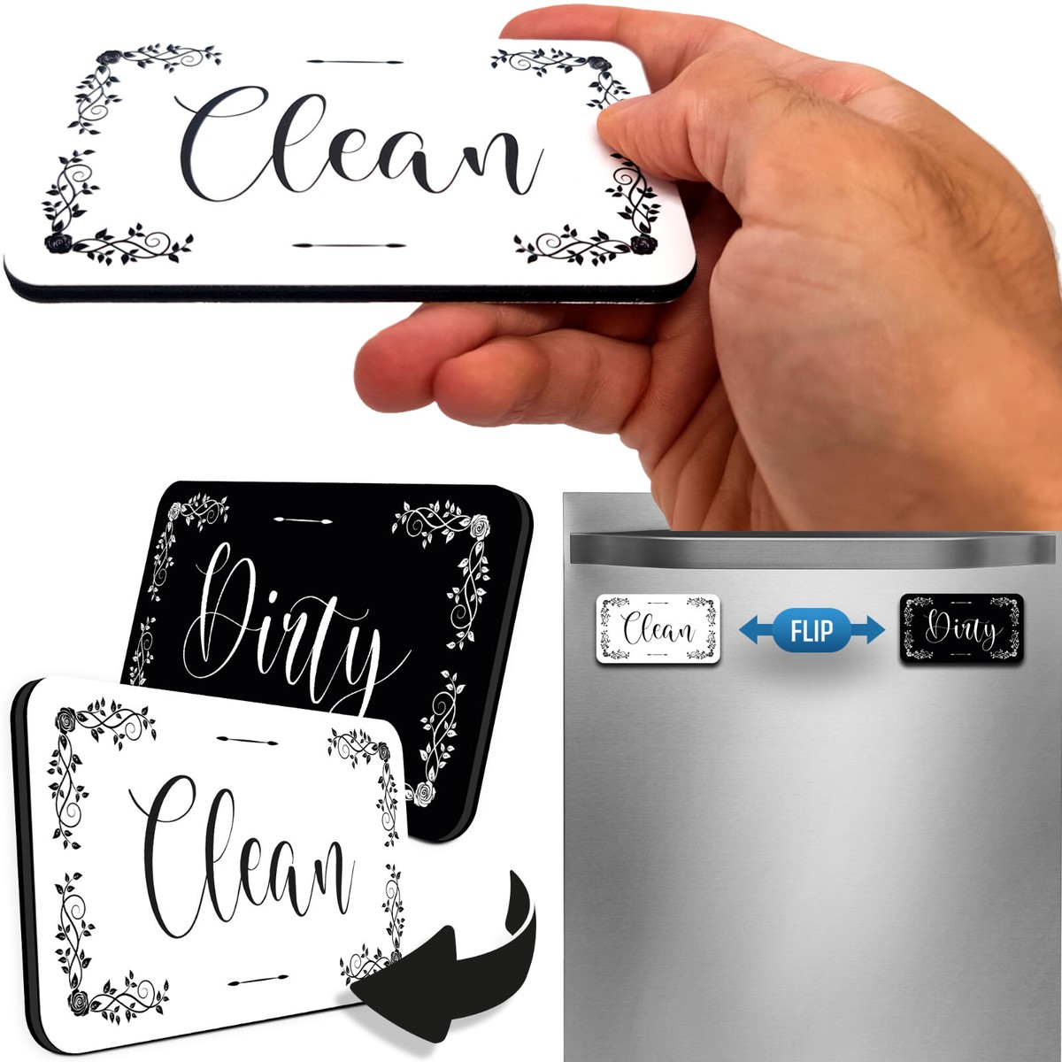 Dishwasher Clean/Dirty Magnet Sign - Black & White Kitchen Helper With Strong Magnet & Adhesive Stickers - View #6