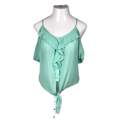 Bongo Cute Cold Shoulder Button Up Shirt Blouse ~ Sz S ~ Teal Green