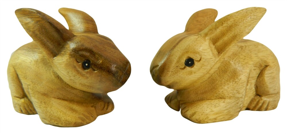 Wooden Rabbit Hare Carving - Hand Carved Pair of Baby Rabbits - Natural Finish