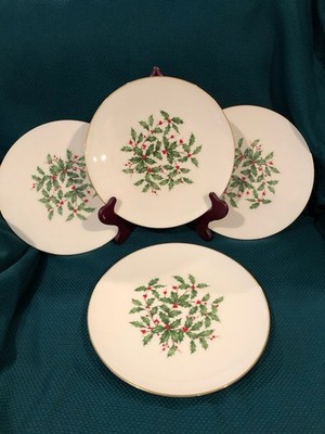 Lenox USA Special Holly Berry Holiday 10.5  Dinner Plates w/ Gold Trim, Lot Of 4