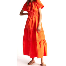 NEW QUINCE size M Medium orange organic cotton TIERED MAXI DRESS cottage core
