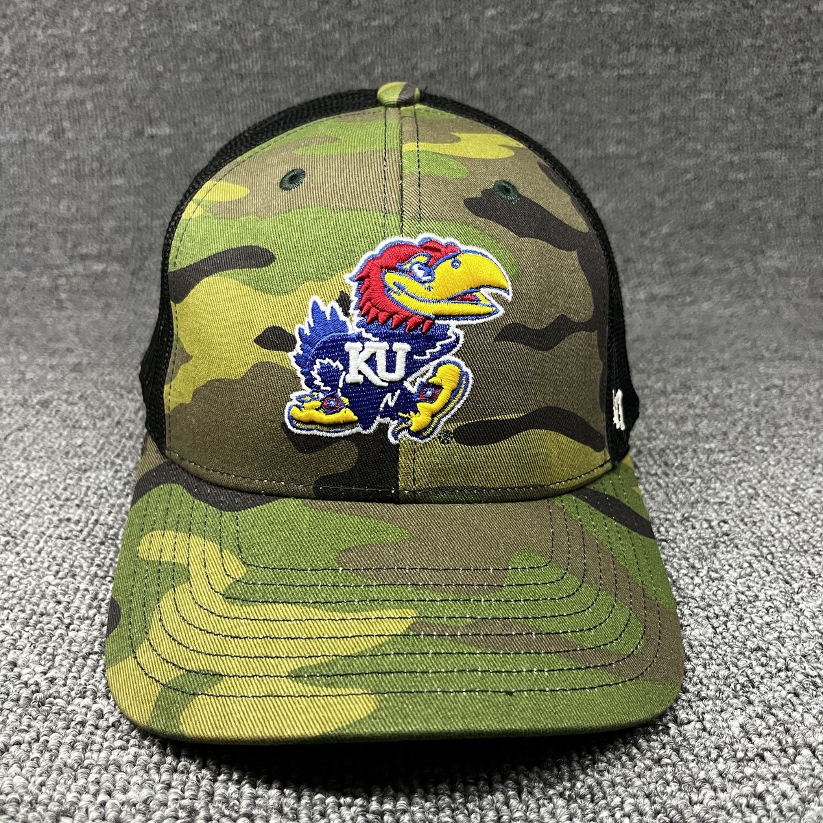 Kansas Jayhawks '47 Brand Trucker Hat Camo Black Mesh Snapback Cap KU Mascot