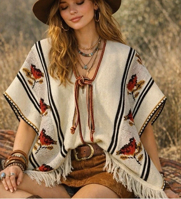 Vtg Hippie Bird Tie Cape Poncho Vest Sweater Serape Fringe Tribal Boho Z3