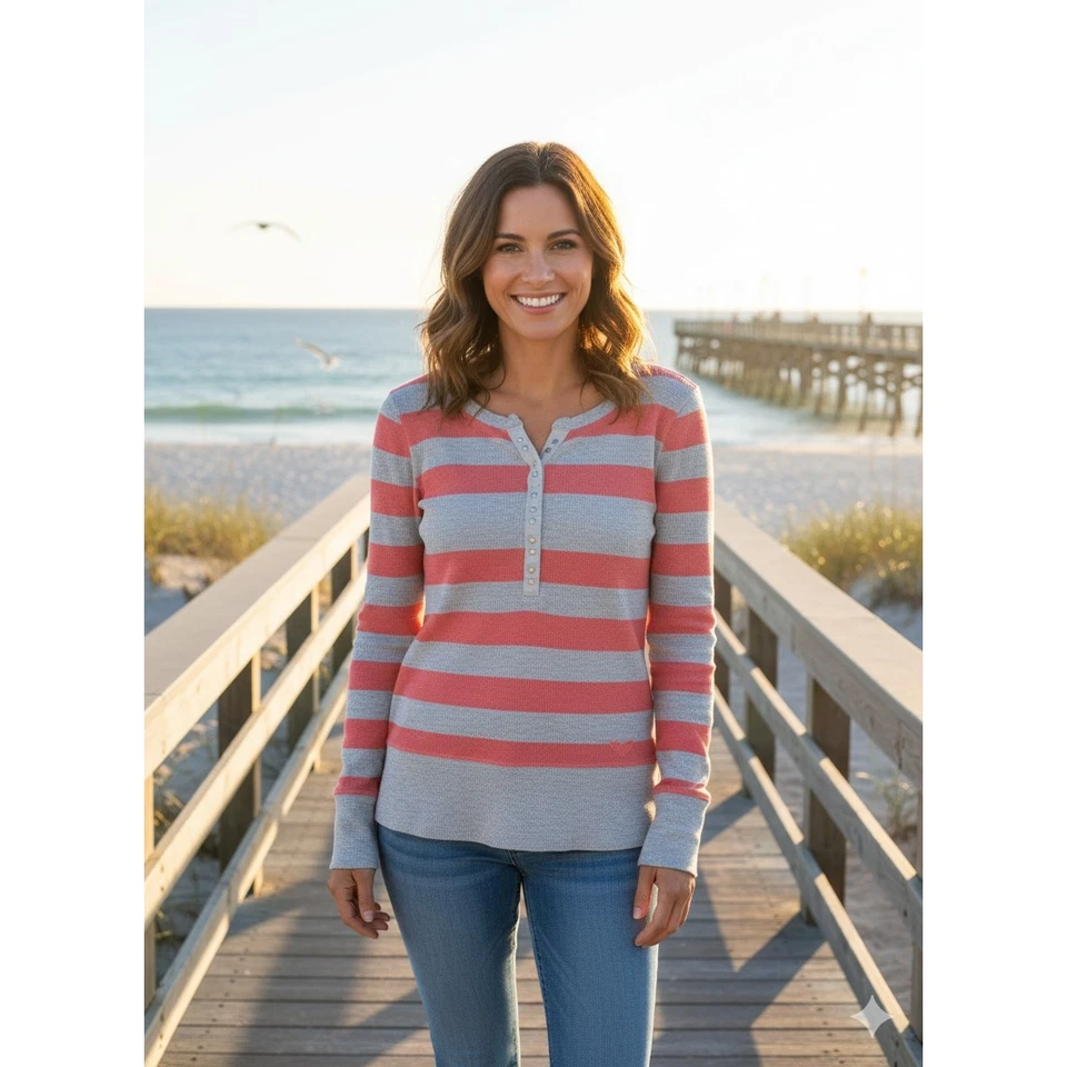 Top Henley térmico a rayas Roxy para mujer M Y2K años 90 patinador surfista costero preppy Foto 2 de 4