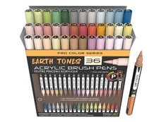 36 Flexible Brush Tip Earth Tones Acrylic Paint Pens Markers Set 1-7mm Line f...