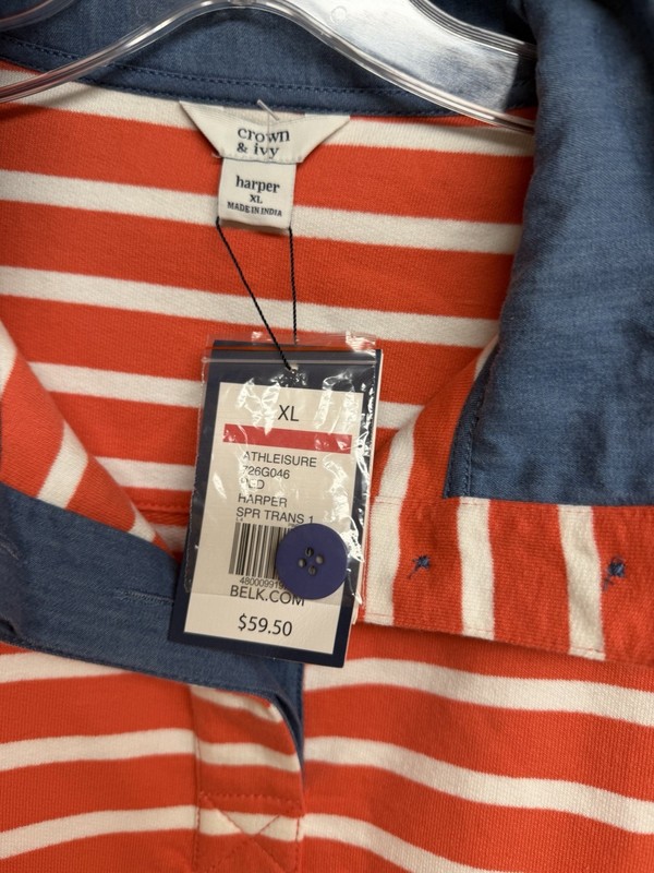 Crown & Ivy Womens XL Red White Blue Striped 1/4 Zip Sweatshirt Long Sleeve
