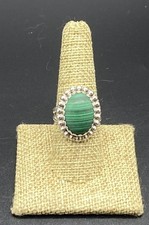 ARTISAN MARKED-Sterling Southwest Oval Malachite Beaded Edge Ring-SIZE 8 1/2