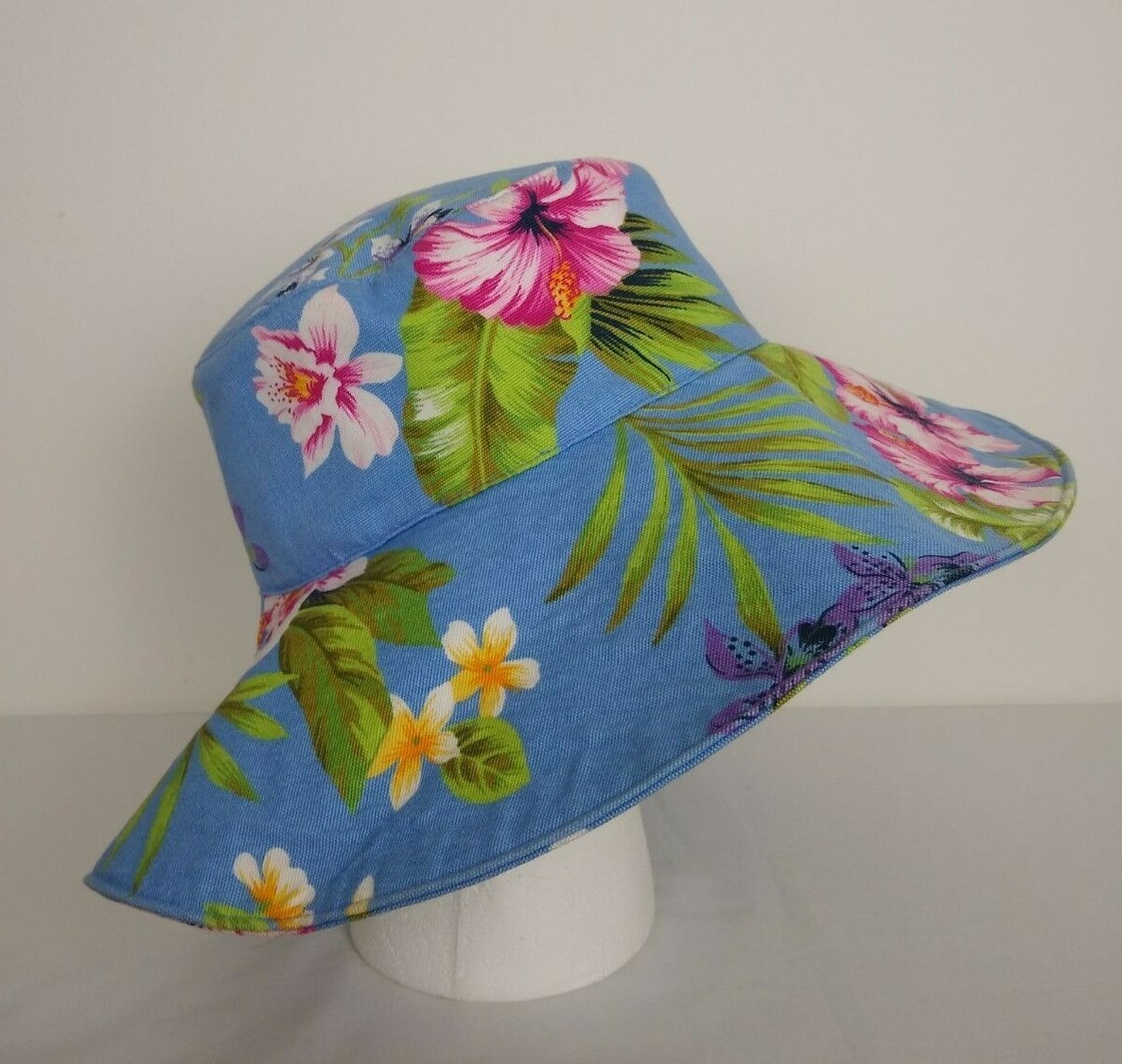 Ladies Jantzen Wide Brim Blue Floral Tropical Floppy Bucket Sun Hat Retro