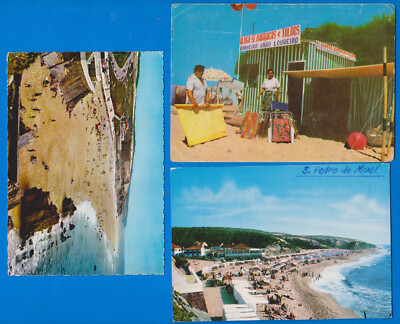 set of 3 old used postcards, São Pedro de Moel beach, Leiria, Portugal