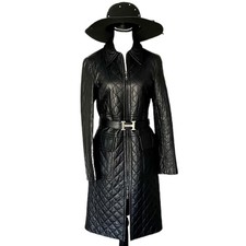 Vintage Express Quilted Leather Trench Coat Long Jacket Black Y2k Mob Wife Small