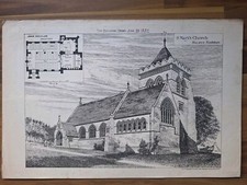Antique Lithograph St Mary's Church Halkyn Flintshire C1882. Architectural 