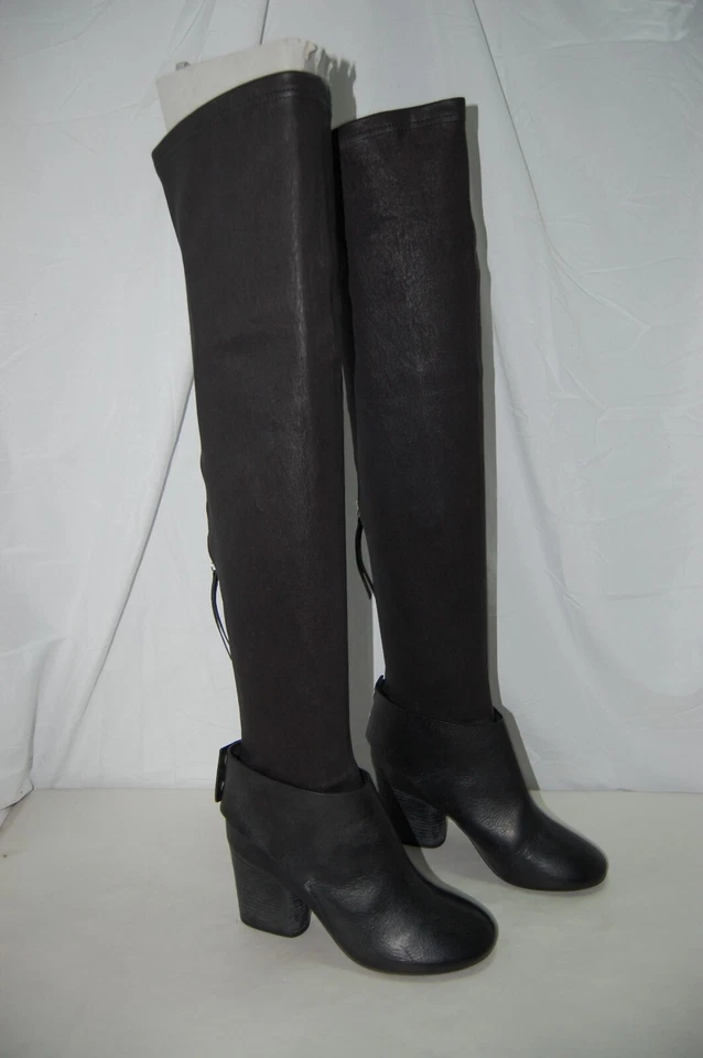 37/ US7❤️Hechas en ITALIA Cuero Negro Elástico Sobre la Rodilla Tacones Altos BOTAS OTK Foto 3 de 4