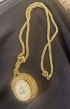 Rare Christian Dior 1969 1970 Faux Mother Of Pearl Gold Tone Pendant Necklace
