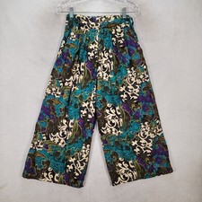 Vtg Green Floral Pleated Pockets Wide Leg Crop Trouser Womens Pants Size S