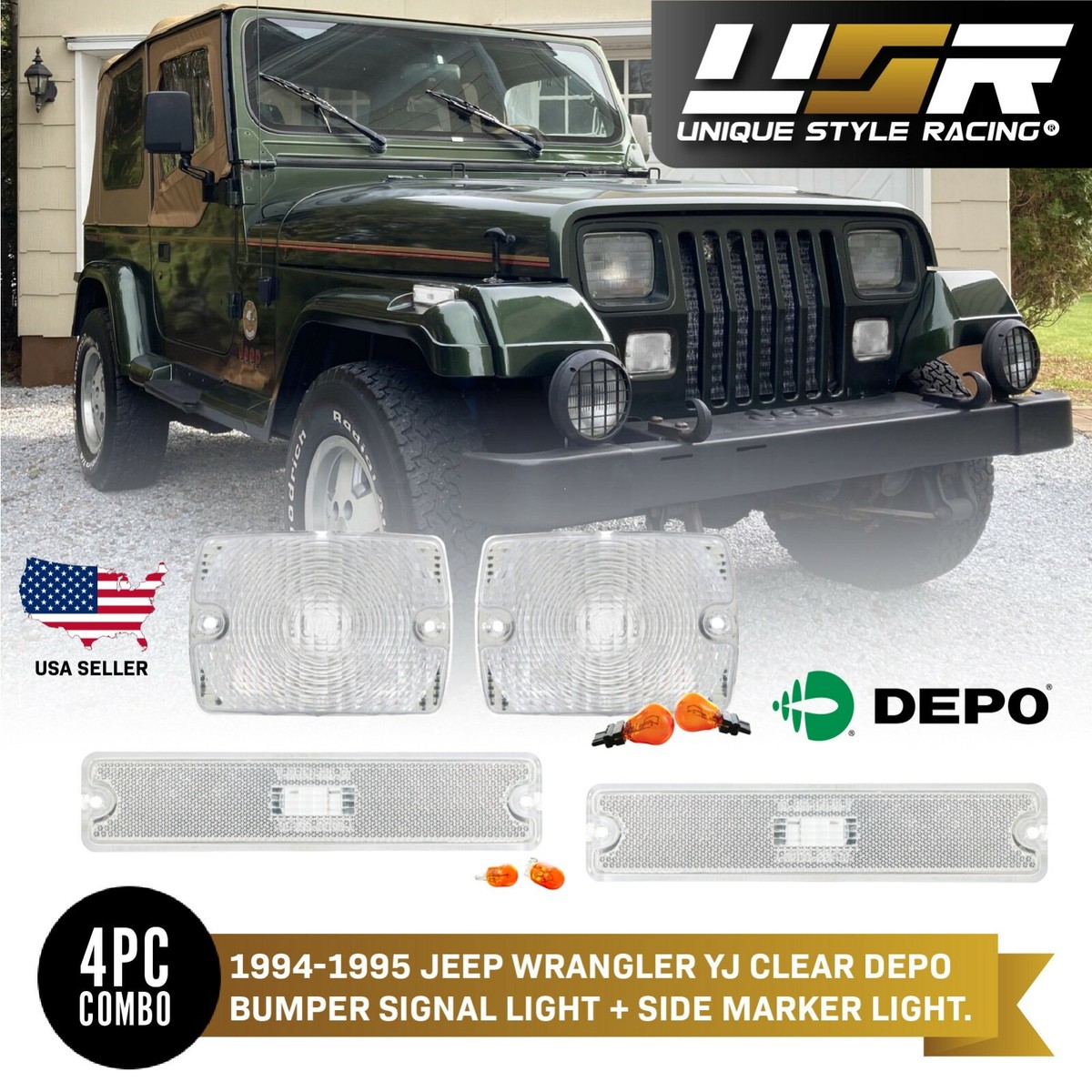 4PC DEPO Clear Bumper Signal + Side Marker Lights For 1994-1995