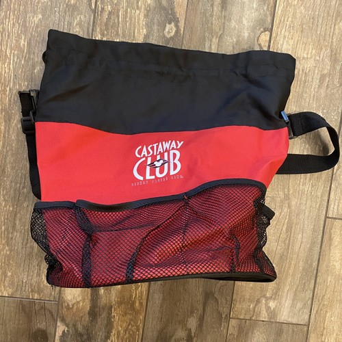 Disney Cruise Line Castaway Club Black Red Canvas Drawstring Beach Tote Bag Mesh - Picture 2 of 5