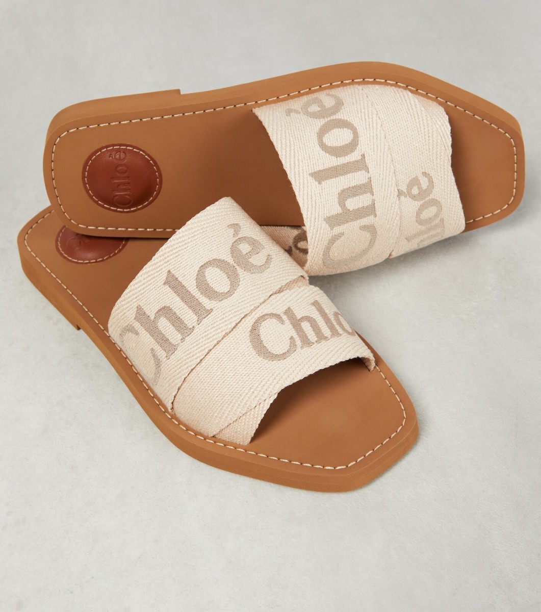 NEW $530 Chloe Woody Embroidered Logo Ribbon Slide Flat Mule