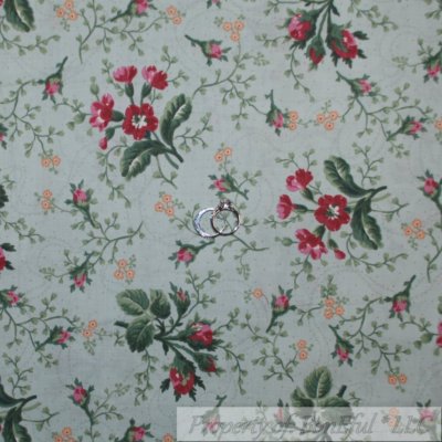 BonEful Fabric FQ Cotton Old Quilt Mint Green Leaf Pink Rose Flower Shabby Chic