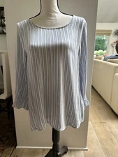 Stitch Fix Blue White Stripe Blouse Top Button Down Round Neck Long Sleeve Med