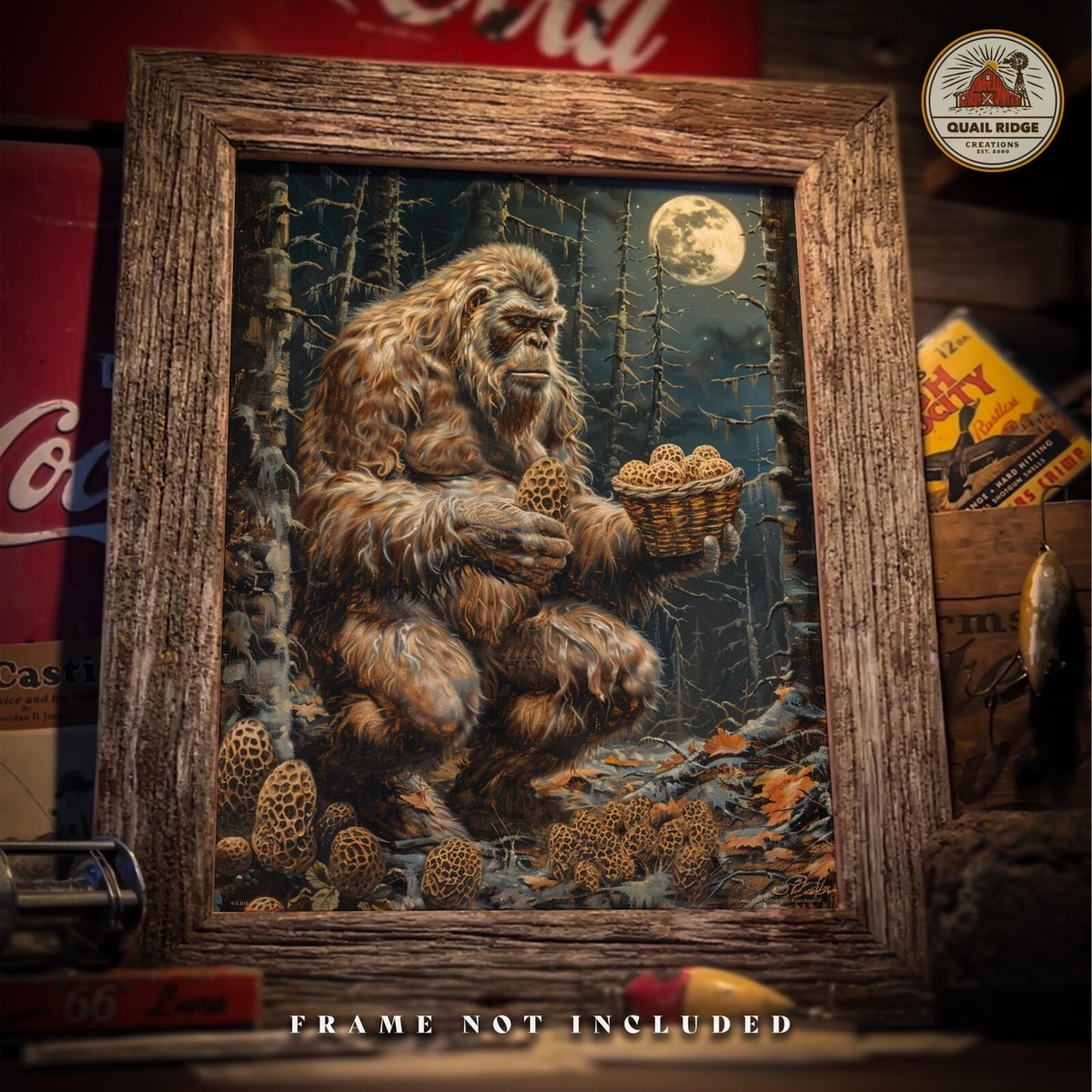 Sasquatch Bigfoot Art Print Morel Mushroom Hunting Artwork Cabin