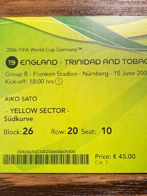 FIFA World Cup 2006 Germany Ticket - Match #19 England Trinidad