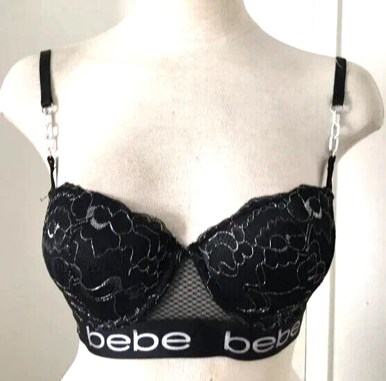 BEBE Lingerie Metallic Laced Floral Bras Logo Push Up Brassiere Chains Blk 38B - Image 4 of 4