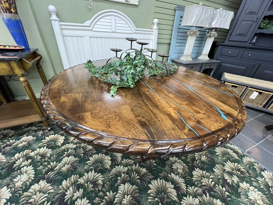 Mexican Turquoise Inlaid round wood 60” pedestal dining table - Image 2 of 4