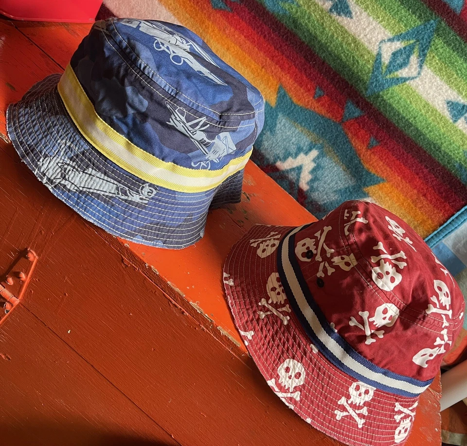Mini Boden Cotton Bucket Hat Skulls Planes Lot 2 Boys Sz 7-10 Years Sun Foto 2 de 4