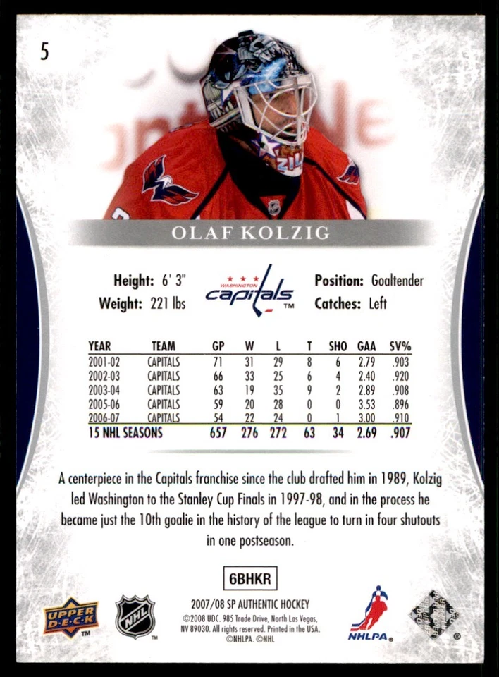 2007-08 SP Authentic Olaf Kolzig Washington Capitals #5 - Image 2 of 2