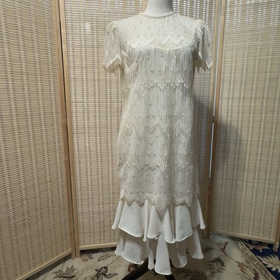 Vtg 70s 80s Sz S Gina Bacconi? Cream Lace Gatsby Wedding Party Art Deco Dress