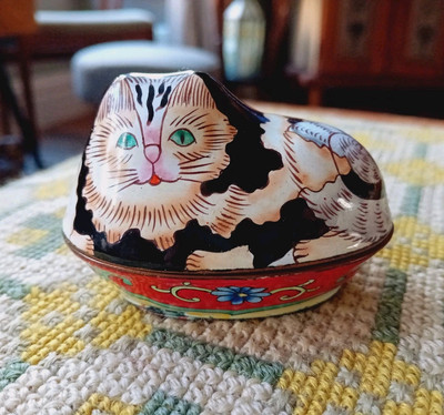 Vintage Katze Emaille Kupfer Chinoiserie Schmuckschatulle bunt handbemalt