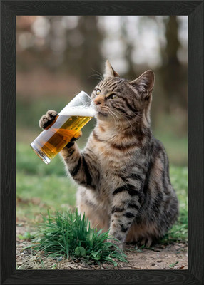 Gerahmtes Wandbild Poster Leinwanddruck Bild Katze genießt einen Schluck Bier