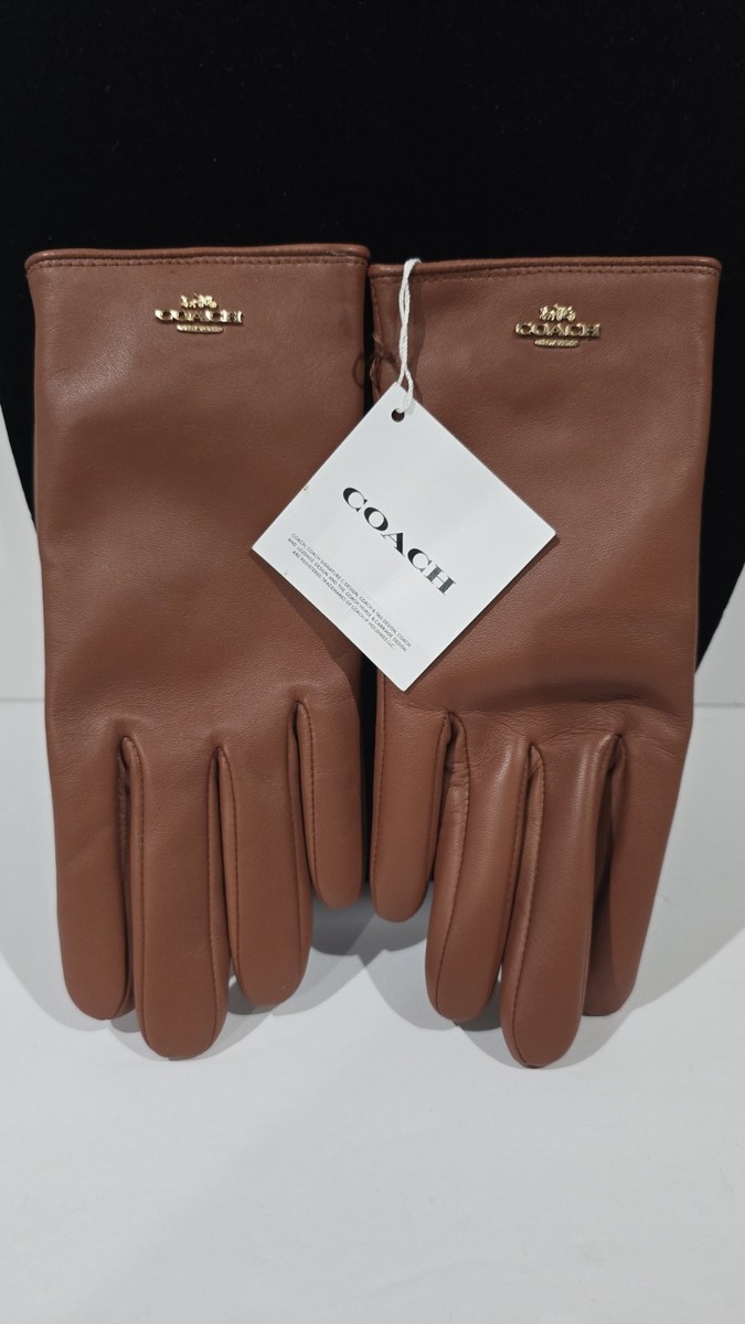 Coach Brown Leather Women's Lined Wrist Gloves Logo Accent Size 6