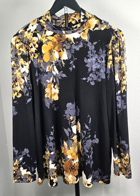Susan Graver 2XL Floral Top Black Gold Mock Neck Long Sleeve Stretch Knit